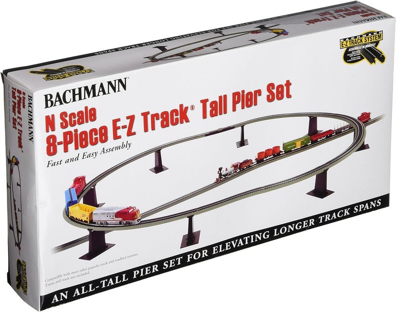 Bachmann Trains - Snap-Fit E-Z TRACK 8 PC. E-Z TRACK TALL PIER SET - NICKEL SILVER Rail With Grey Roadbed - N Scale